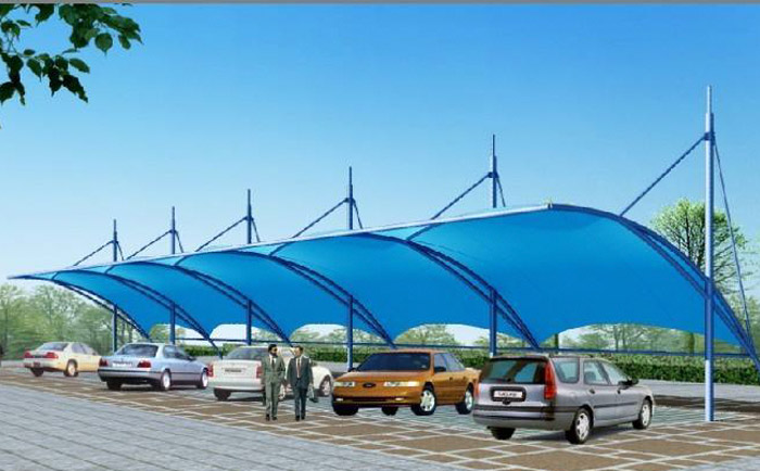 一處藍色頂棚的停車棚張拉膜結構工程