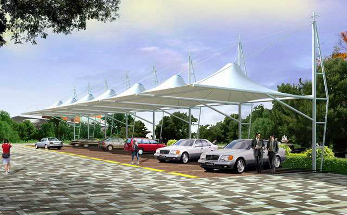 一處白色頂棚的停車棚張拉膜結構工程