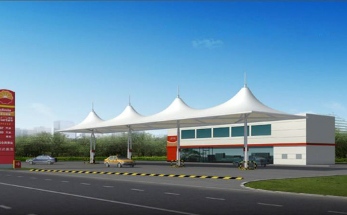 單排四連體造型加油站張拉膜結構效果圖