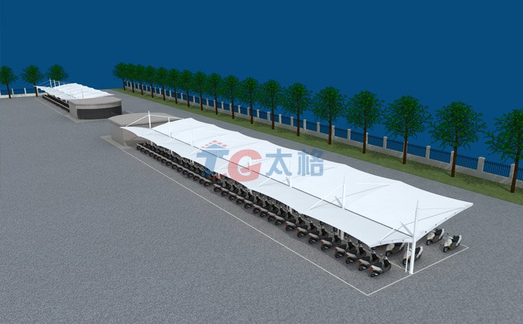 雙側斜拉膜結構電動車棚效果圖