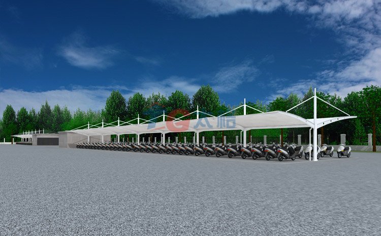 雙側斜拉膜結構電動車棚效果圖